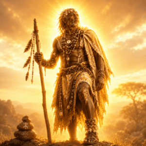 Tsui-Goab the Khoikhoi supreme deity standing beneath a massive African thunderstorm at dawn
