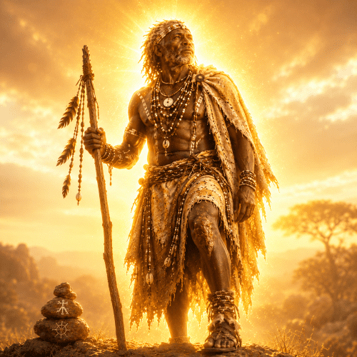 Tsui-Goab the Khoikhoi supreme deity standing beneath a massive African thunderstorm at dawn