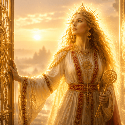 Zorya Utrennyaya standing before the golden gates of the sun