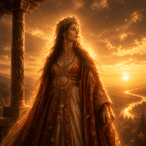 Slavic evening goddess Zorya Vechernyaya standing beneath a twilight sky filled with glowing stars