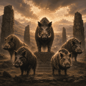 Boars_ Mythical Boars guarding ritual altar