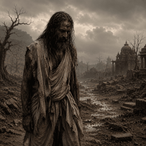 Ashwatthama's curse being lived among desolate ruins as weary traveler
