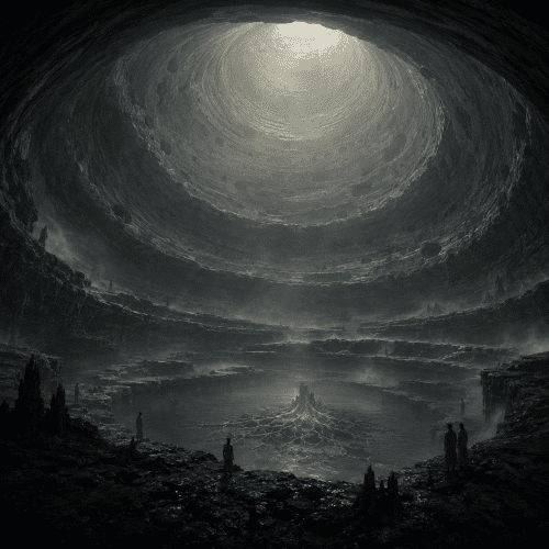 Avaiki, the primordial underworld of Cook Islands tradition, depicted as the interior of a colossal cosmic coconut shell.