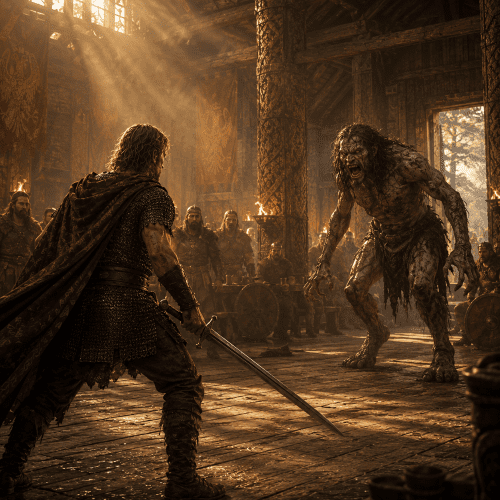 Beowulf inside the great mead hall Heorot