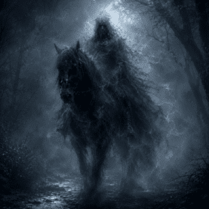Black Horseman from Slavic mythology riding a massive pitch-black horse
