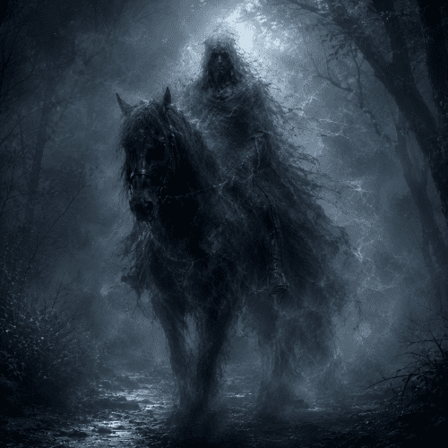 Black Horseman from Slavic mythology riding a massive pitch-black horse