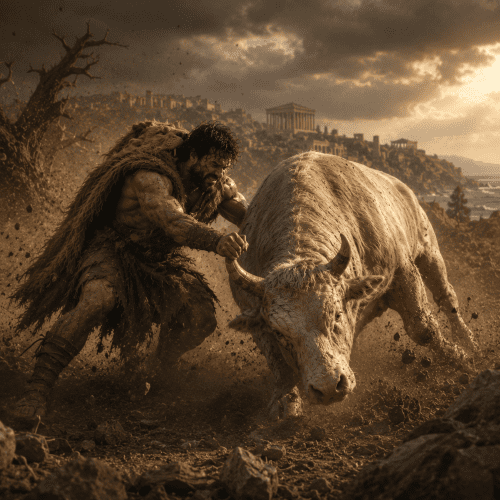 Heracles struggling mid-action while capturing the Cretan Bull