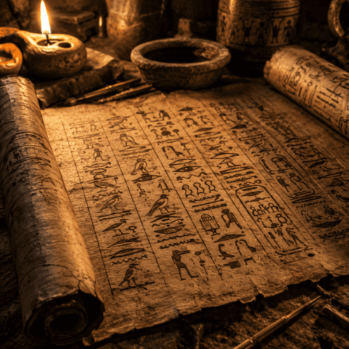 Classical Egyptian in an Ancient scroll and candlelit study