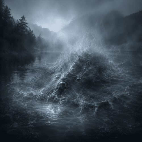 Cuero from Mapuche mythology floating across a mist-covered Patagonian lake at dawn