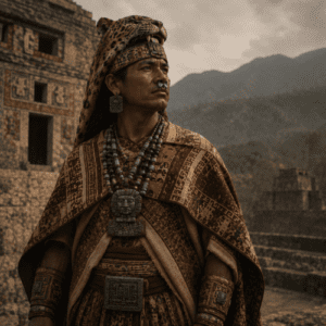Eight Deer Jaguar Claw, the heroic Mixtec warrior king, standing atop a sacred pyramid overlooking the mountains of ancient Oaxaca