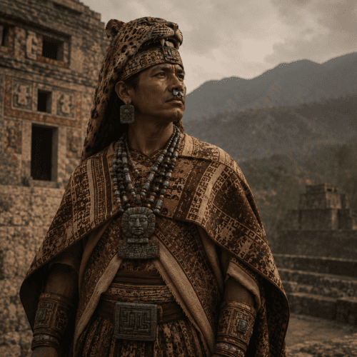 Eight Deer Jaguar Claw, the heroic Mixtec warrior king, standing atop a sacred pyramid overlooking the mountains of ancient Oaxaca