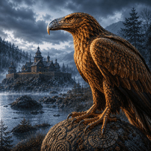 Gagana the legendary Slavic bird standing atop the sacred Alatyr Stone