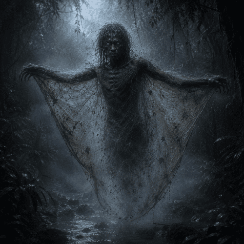 Garkain from Kunwinjku mythology, semi-physical flying forest spirit emerging from dense Arnhem Land rainforest