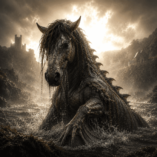 Glashtyn emerging from the stormy coastal waters of the Isle of Man at twilight