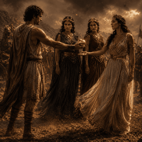 Judgement of Paris, the exact moment Trojan prince Paris places the golden golden apple into Aphrodite's outstretched hand