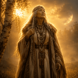 Kaltashch-ekva the Mansi and Khanty Earth Mother standing in a sacred Siberian birch forest at dawn