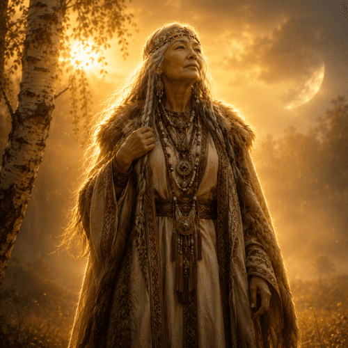 Kaltashch-ekva the Mansi and Khanty Earth Mother standing in a sacred Siberian birch forest at dawn