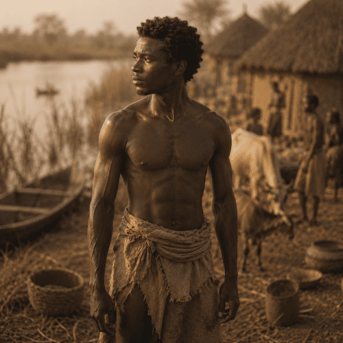Kamunu, the first human of Lozi tradition, standing in the Barotse Floodplain of western Zambia