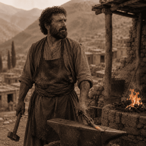 Kawe-y Asinger, Kurdish blacksmith standing atop a mountain at twilight