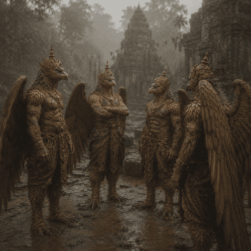 Khrut among misty temple ruins