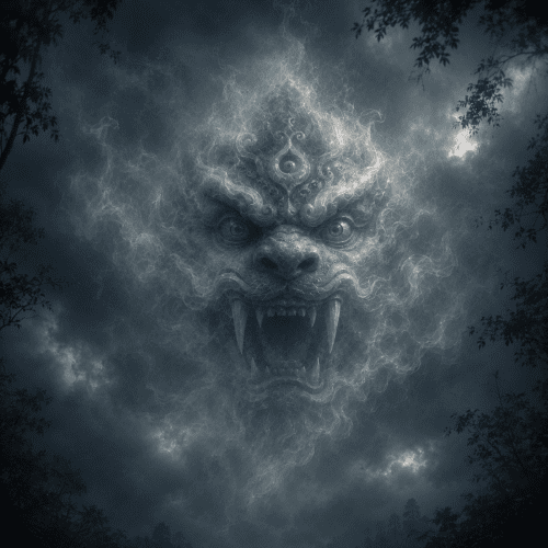 Kirtimukha from Indian mythology with enormous lion-like face with bulging eyes, massive fangs