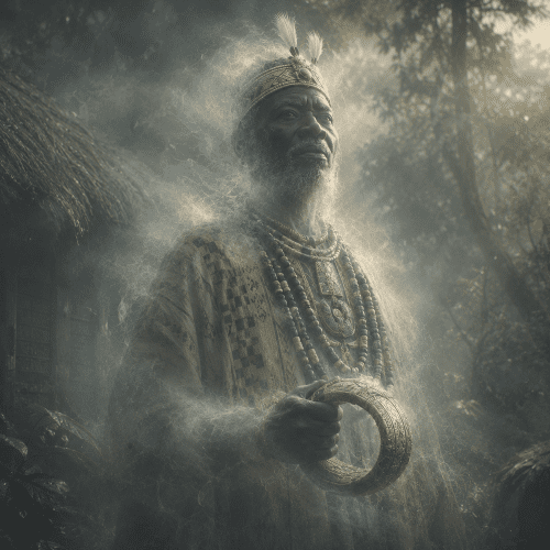 Konde the legendary Lunda ancestor kin in the heart of a Central African kingdom, holding the sacred Lukano bracelet