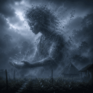 Kpambu, the earth spirit of Mende mythology, standing within a sacred West African grove