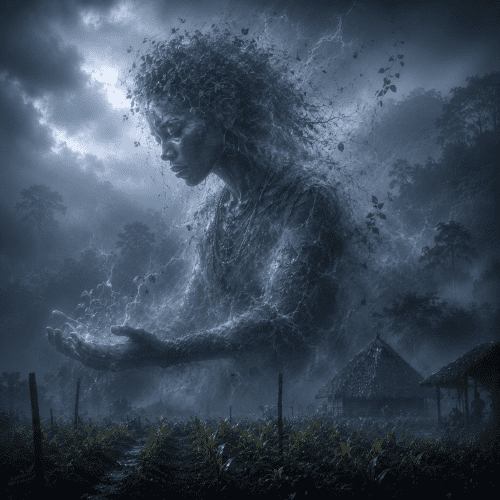 Kpambu, the earth spirit of Mende mythology, standing within a sacred West African grove