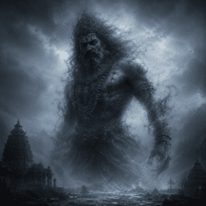 Kroni as a colossal primordial being emerging from the cosmic ocean at the dawn of creation