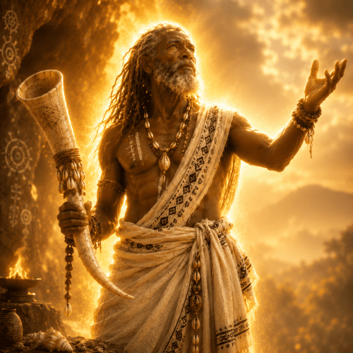 Ku-Jopleh, the thunder oracle of Kru mythology, standing before the sacred cave of Mount Jidiah