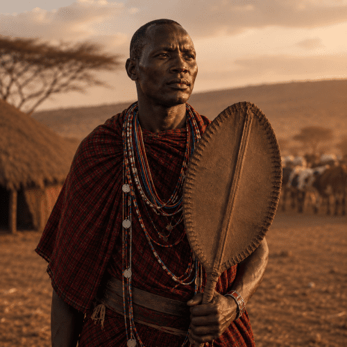 Leeyio the primordial Maasai ancestor standing on the East African savannah at sunrise