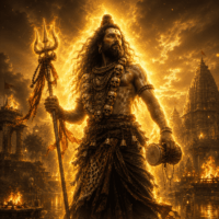 Mahakal standing within an ancient cremation ground at twilight
