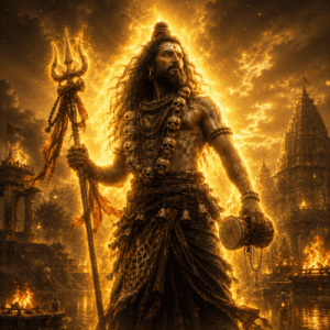 Mahakal standing within an ancient cremation ground at twilight
