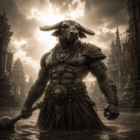 Mahishasura in his imposing half-human half-buffalo form