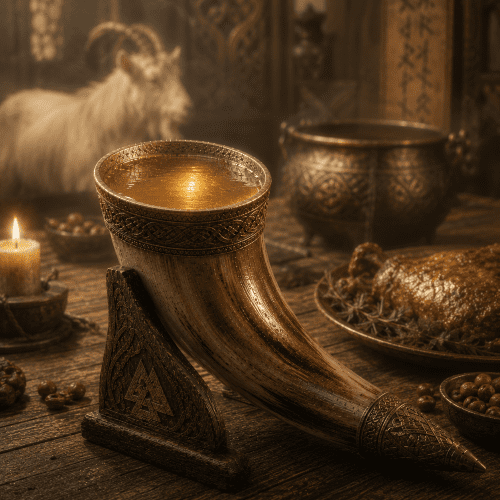 Mead of Valhalla and hearth in a Viking tavern