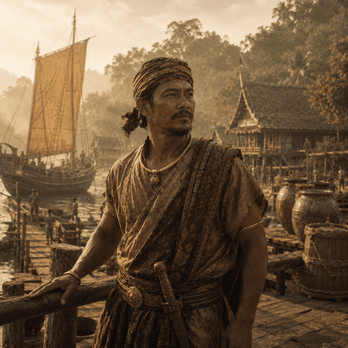 Merong Mahawangsa, legendary ruler of Langkasuka, standing on a weathered wooden trading jetty