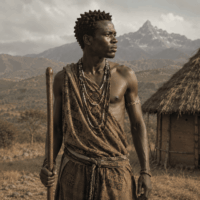 Mythlok - Muthetu Ancient Meru ancestral hero Muthetu standing on the foothills of Mount Kenya