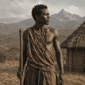 Ancient Meru ancestral hero Muthetu standing on the foothills of Mount Kenya