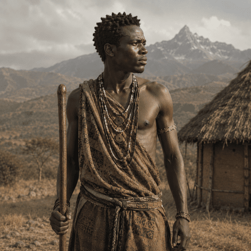 Ancient Meru ancestral hero Muthetu standing on the foothills of Mount Kenya