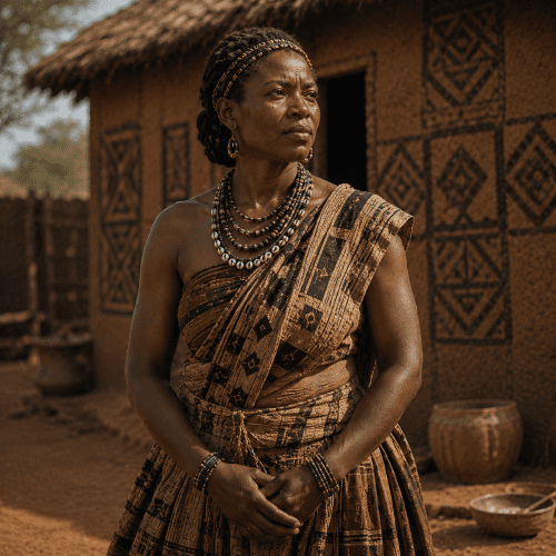 Mweel, ancestral mother of the Kuba people, standing in the ancient Kuba Kingdom