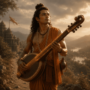 Narada Muni standing on a celestial pathway between heaven and earth, carrying the divine Mahati Veena,