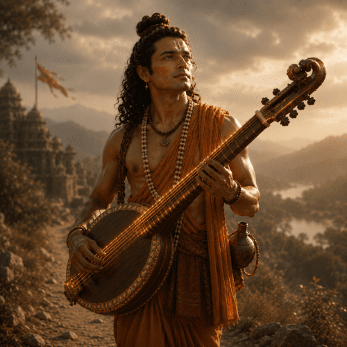 Narada Muni standing on a celestial pathway between heaven and earth, carrying the divine Mahati Veena,