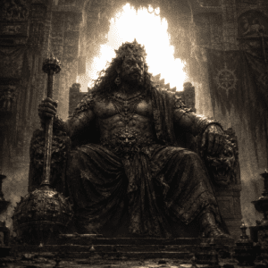 Narakasura seated upon the throne of Pragjyotisha