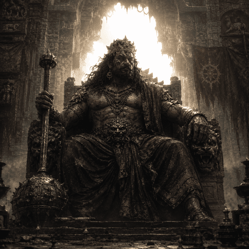 Narakasura seated upon the throne of Pragjyotisha