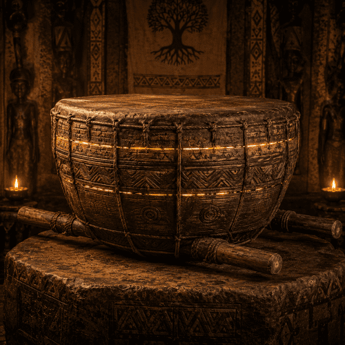 Ancient ritual chamber with glowing Ngoma Lungundu