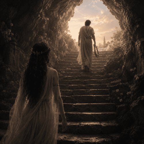 Orpheus and Eurydice during their final ascent from the Underworld