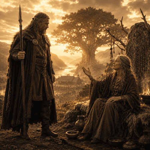 Mystical prophecy on a golden cliff in the Poetic Edda