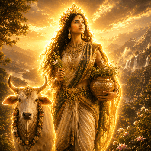 rithvi, the Hindu Earth Goddess, emerging from fertile green landscapes