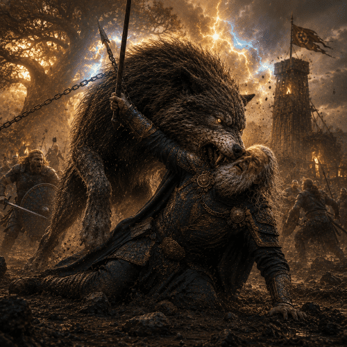 Fenrir attacking Odin during Ragnar&ouml;k