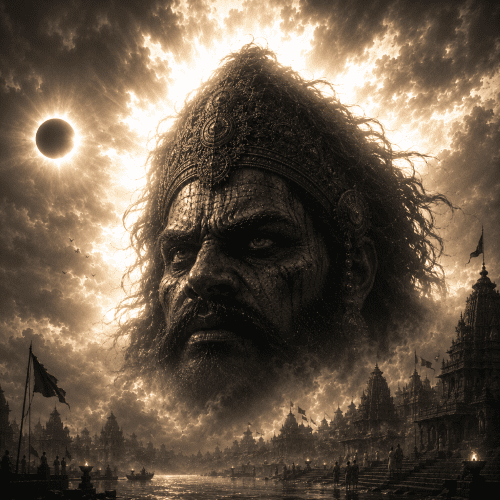 Rahu within storm clouds during a solar eclipse